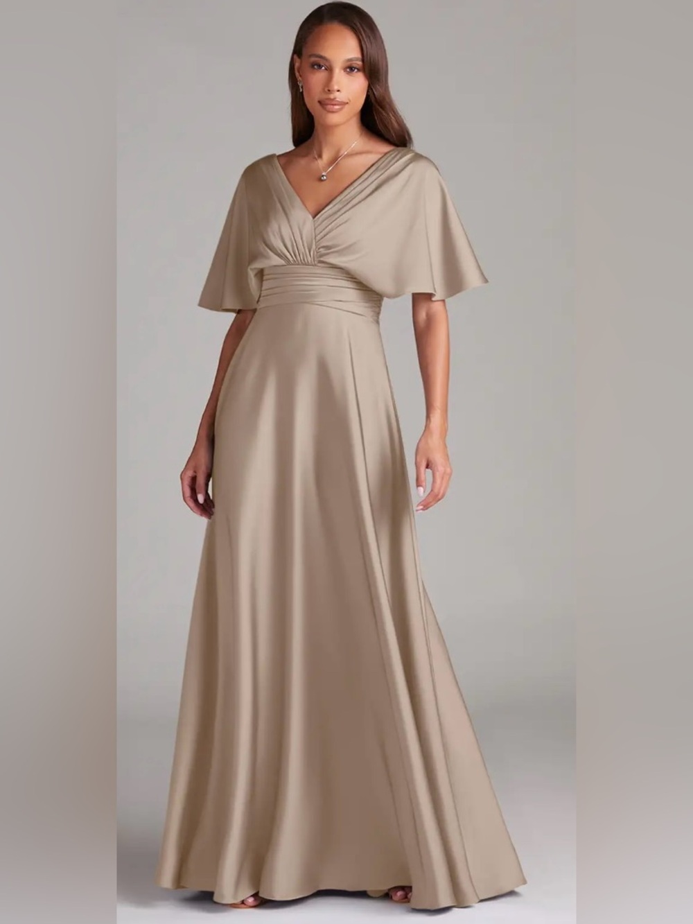🥂 NWT Azazie, Pamela Taupe A-Line Pleated Stretch Satin Evening Gown, 10